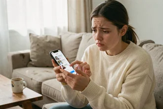 Jeune femme perplexe regardant son téléphone et les stories sur les réseaux sociaux, assise dans un salon cosy