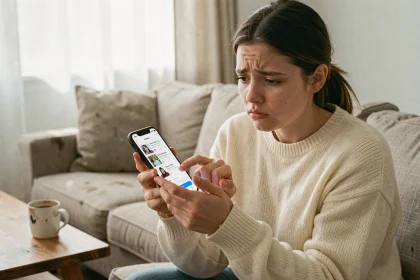 Jeune femme perplexe regardant son téléphone et les stories sur les réseaux sociaux, assise dans un salon cosy