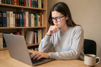 Femme vérifiant l'orthographe d'un mot sur son ordinateur portable dans un bureau à domicile, illustrant la question mise ou mit dans un message