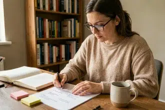 Femme étudiant des fiches pratiques bilingues français-anglais à son bureau à domicile pour progresser en 2026