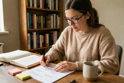 Femme étudiant des fiches pratiques bilingues français-anglais à son bureau à domicile pour progresser en 2026