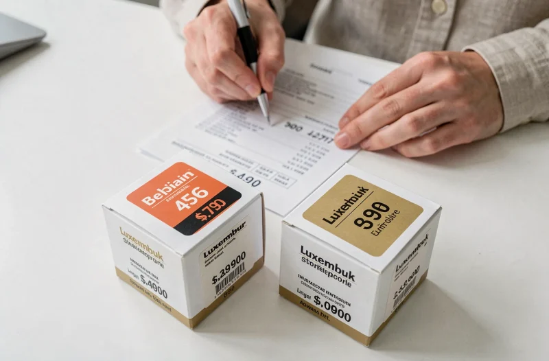 Gros plan sur deux cartouches d'encre avec étiquettes de prix Luxembourg et Belgique côte à côte