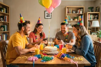 Groupe d'amis adultes riant ensemble autour d'une table d'anniversaire en regardant une carte virtuelle drôle sur un smartphone