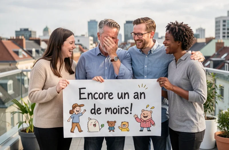 Groupe de collègues tenant une bannière humoristique d'anniversaire sur une terrasse urbaine pour célébrer leur collègue avec humour