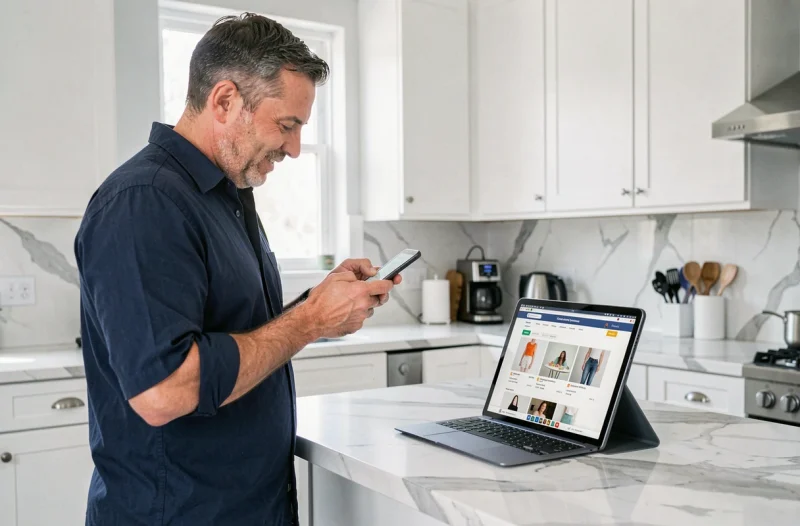 Homme consultant une application de comparaison de prix sur smartphone dans une cuisine moderne
