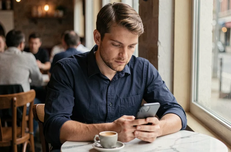 Homme dans un café faisant défiler son téléphone sans regarder les stories, expression neutre et distante