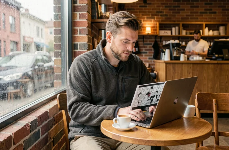 Homme lisant des scans Black Clover sur laptop dans un café avec faible connexion internet, conseils lecture manga