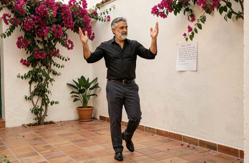 Homme de 50 ans apprenant les Sevillanas dans un patio andalou traditionnel aux murs blancs et carrelage en terre cuite