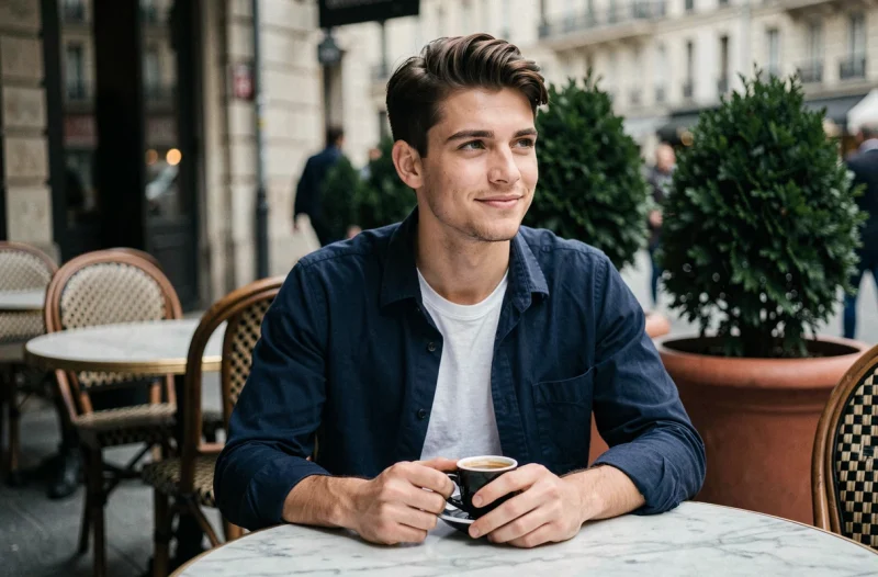 Homme pensif attablé seul dans un café parisien, illustrant la part d'intimité cachée derrière les publications Instagram