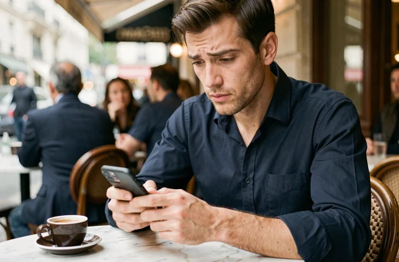 Homme hésitant sur l'orthographe mis ou mit en tapant un message sur son smartphone dans un café parisien