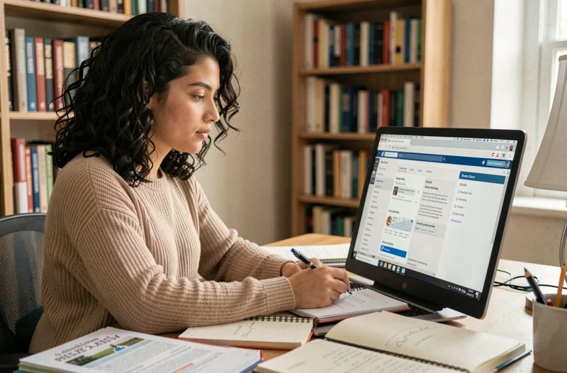Jeune femme étudiant une encyclopédie en ligne sur son ordinateur pour répondre à un exercice de certification PIX à son bureau