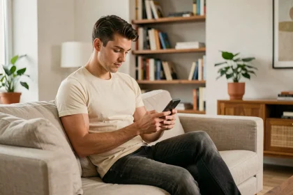 Jeune homme consultant son smartphone sur un canapé, symbolisant la vie privée dévoilée sur Instagram