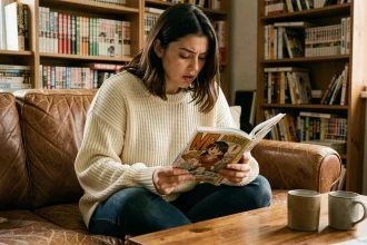 Jeune femme lisant un manga yaoi sur un canapé en cuir dans un appartement cosy rempli de mangas