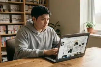 Jeune homme lisant un manga en ligne sur son ordinateur portable dans sa chambre avec des étagères de mangas en arrière-plan