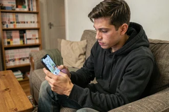 Jeune homme lisant des scans de manga Black Clover sur smartphone dans son salon, astuces lecture fluide faible connexion