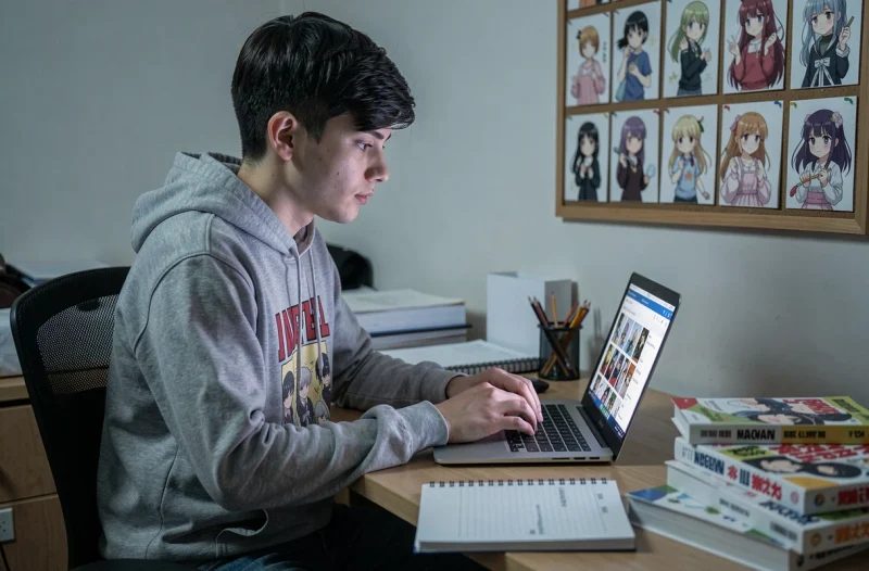 Jeune adulte lisant du yaoi en ligne sur un ordinateur portable dans une chambre universitaire
