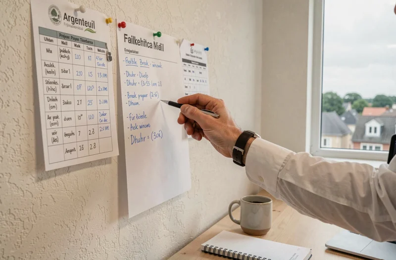 Planning de travail annoté avec les horaires de prière islamique affichés dans un bureau d'entreprise à Argenteuil