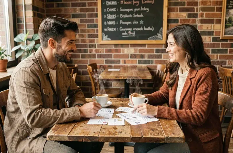 Deux personnes pratiquant des exemples bilingues avec des fiches de conversation dans un café pour progresser en langues