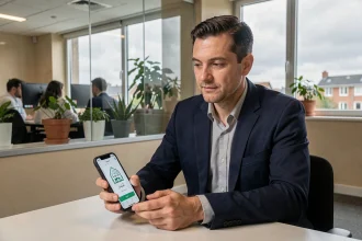 Homme d'affaires musulman consultant les horaires de prière sur son téléphone dans une salle de pause d'entreprise à Argenteuil