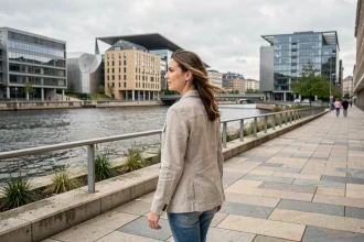 Femme se promenant sur les quais de Confluence à Lyon un dimanche, avec les bâtiments modernes en arrière-plan