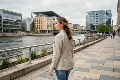 Femme se promenant sur les quais de Confluence à Lyon un dimanche, avec les bâtiments modernes en arrière-plan