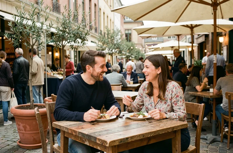 Couple attablé en terrasse de café au marché de la Confluence à Lyon le dimanche