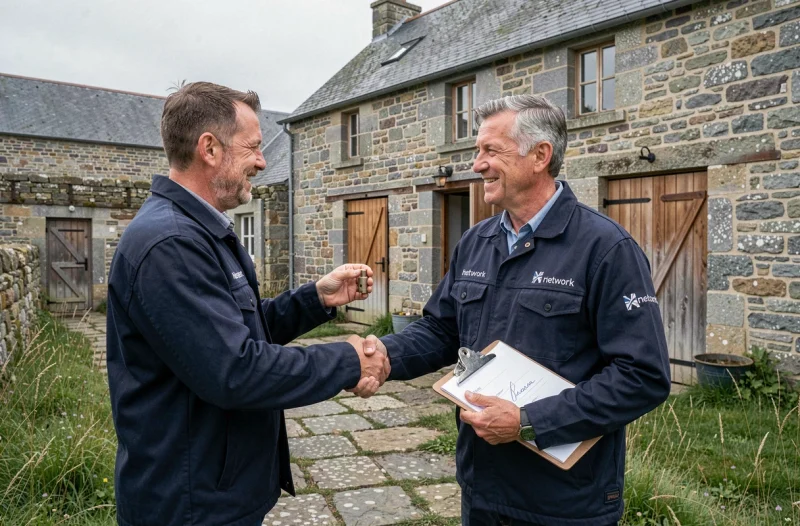 Deux artisans du réseau Artisan Breton Assistance Dépannage se serrant la main devant une ferme bretonne restaurée
