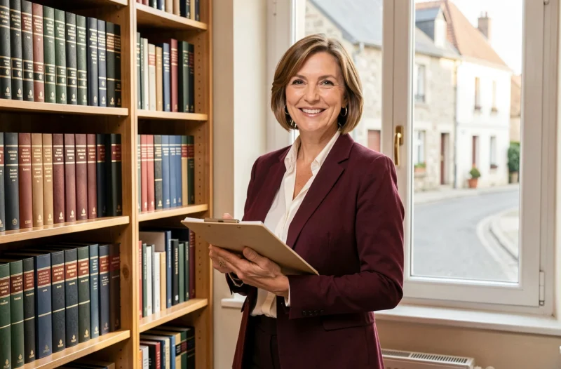 Avocate généraliste souriante devant une bibliothèque juridique dans son cabinet à Guéret, tenant un bloc-notes