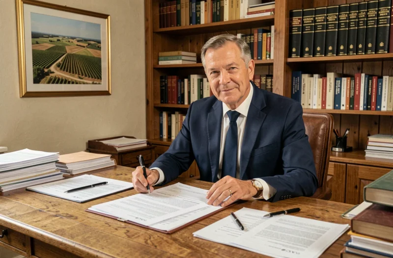 Avocat spécialisé en droit rural et droit des affaires examinant des contrats agricoles dans un cabinet à Guéret