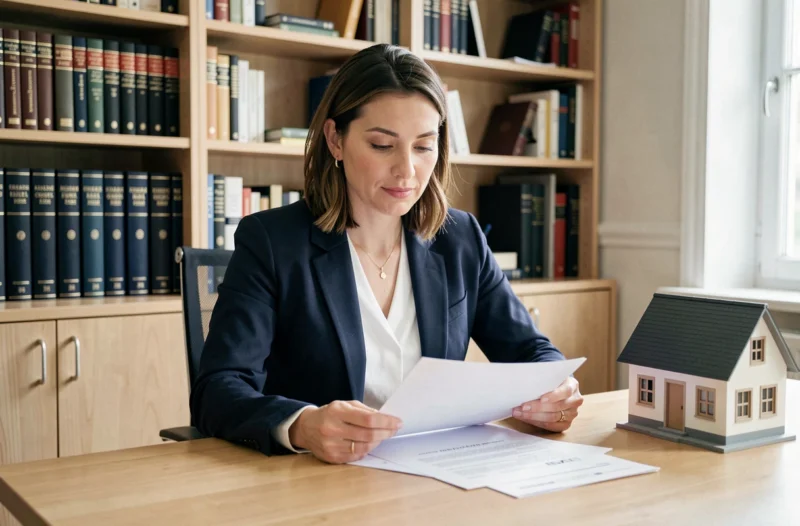 Avocate spécialisée en droit de la famille et droit immobilier assise à son bureau avec des documents et un modèle de maison