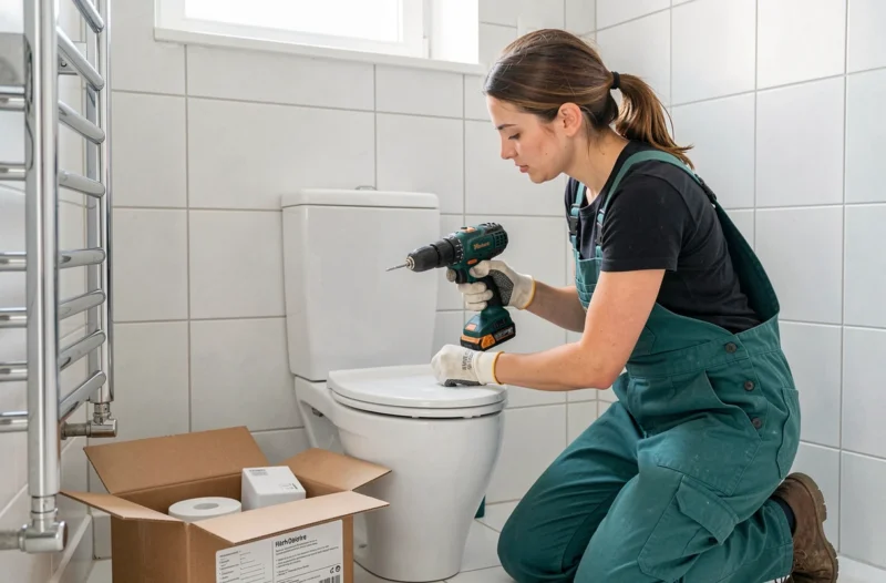 Plombière de Confort Habitat 70 installant des sanitaires dans une salle de bain rénovée