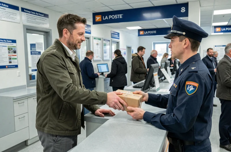 Homme déposant un colis de retour de chaussures au comptoir d'un bureau de La Poste en France