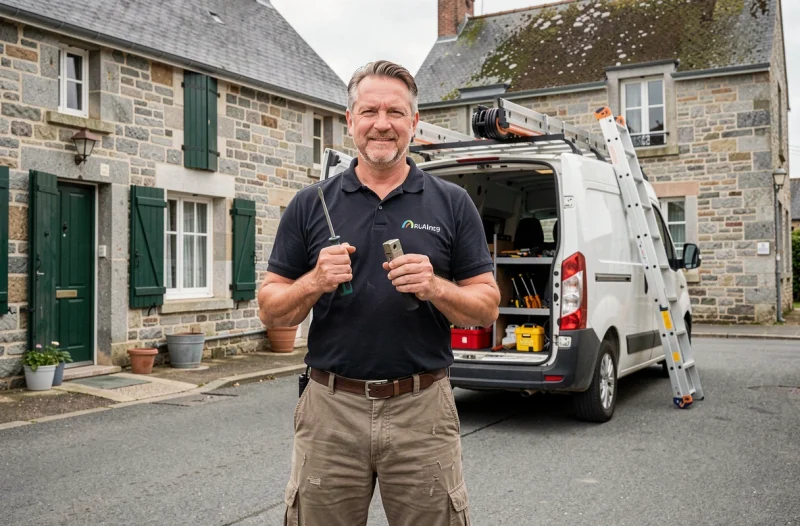 Artisan multi-services Didier Travaux et Services posant avec ses outils de serrurerie devant une maison bretonne