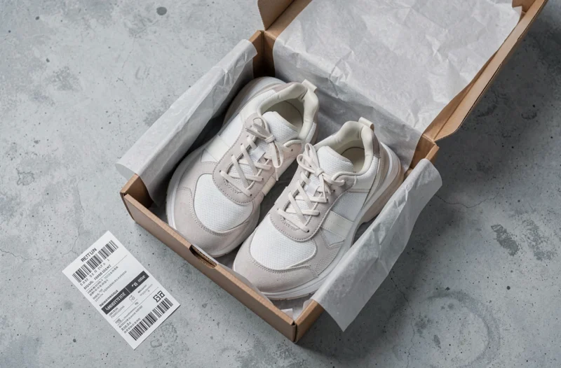 Paire de baskets emballée dans une boîte à chaussures avec étiquette de retour prête pour un envoi La Poste