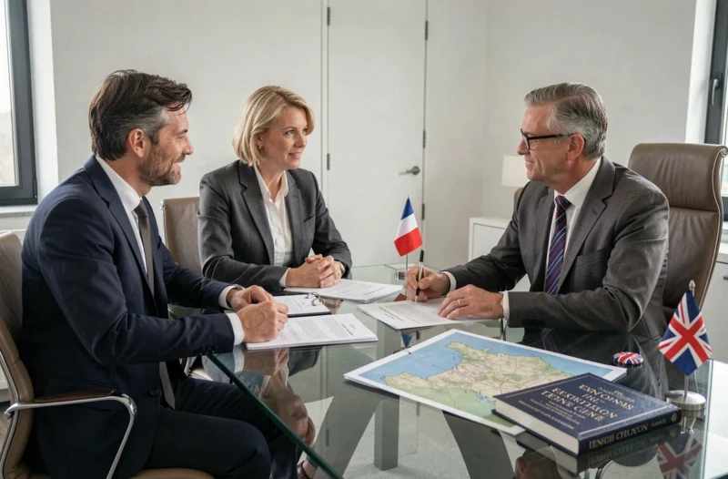 Consultation juridique immobilière avec un avocat français et des clients internationaux anglophones examinant des documents de propriété