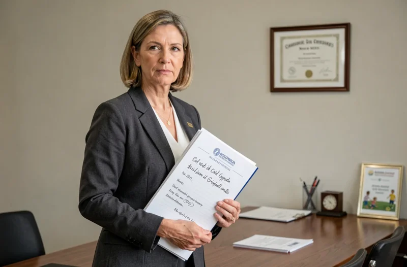 Avocate spécialisée en droit civil, droit des enfants et droit pénal tenant un dossier juridique dans un bureau français