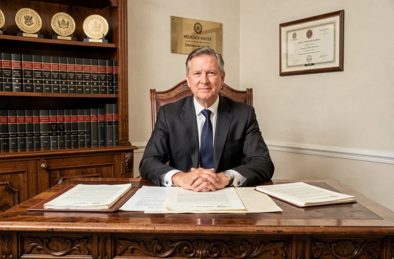 Professionnel juridique avec double compétence avocat et notaire assis devant des documents légaux et notariaux