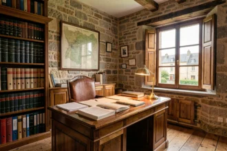 Cabinet d'avocat traditionnel dans la Creuse avec bureau en bois, livres juridiques et vue sur une ville rurale française