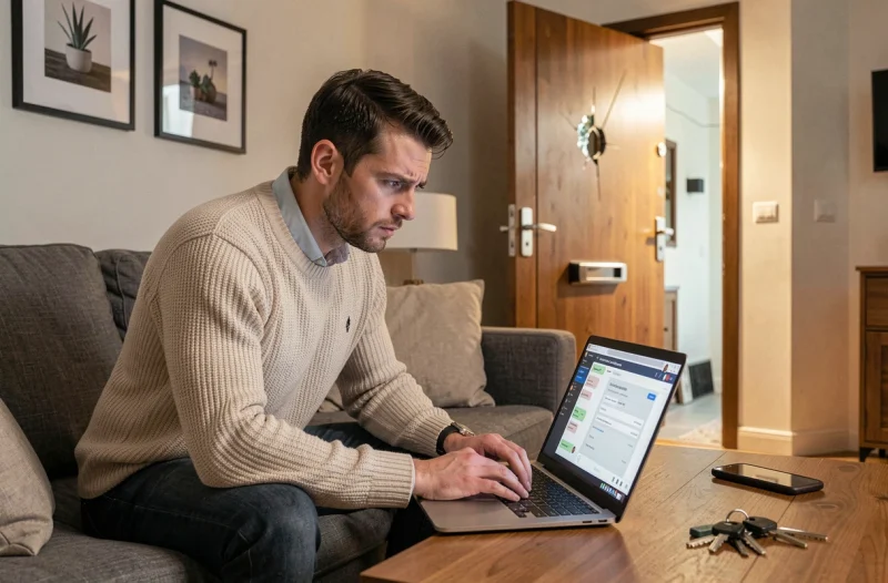 Homme utilisant le service de diagnostic en ligne Ou Serrurier depuis son appartement avec une serrure défectueuse en arrière-plan