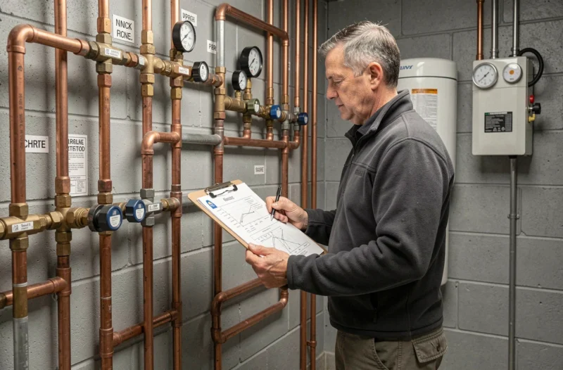 Technicien de Plomberie Thermique Comtoise vérifiant un réseau de canalisations eau et chauffage