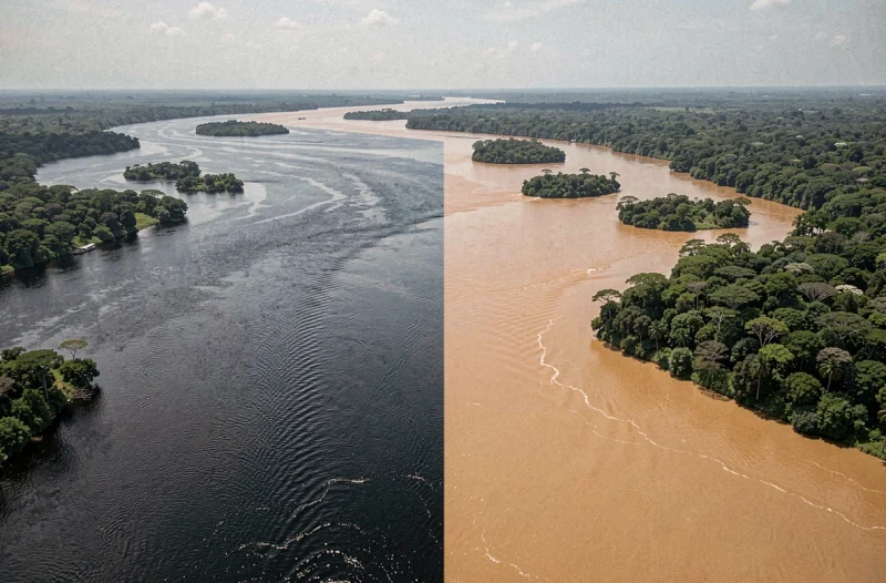 Vue aérienne de la rencontre des eaux entre l'Amazone et le Rio Negro près de Manaus, Brésil
