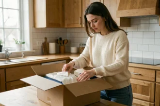 Femme préparant un colis de retour de vêtements de mode dans sa cuisine, emballage soigné pour un retour La Poste
