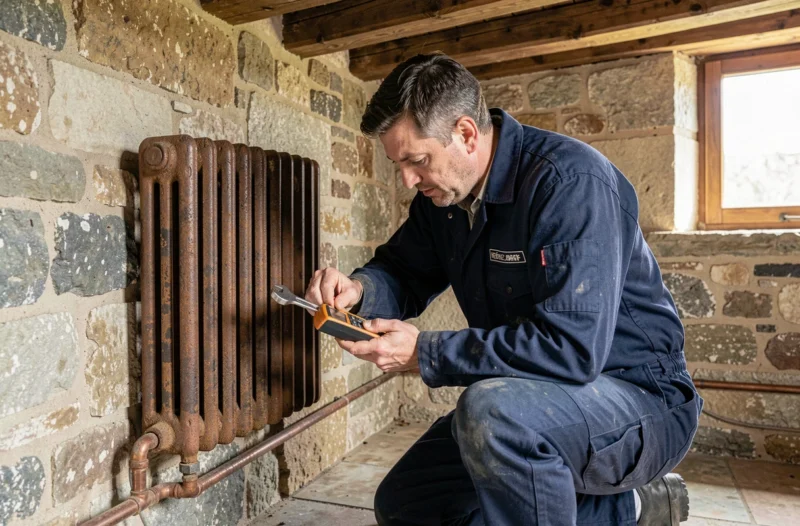 Plombier chauffagiste de SARL Grosjean inspectant un radiateur à Héricourt
