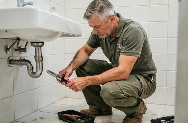 Technicien de SAS Petitjean réparant une plomberie sous évier à Vesoul