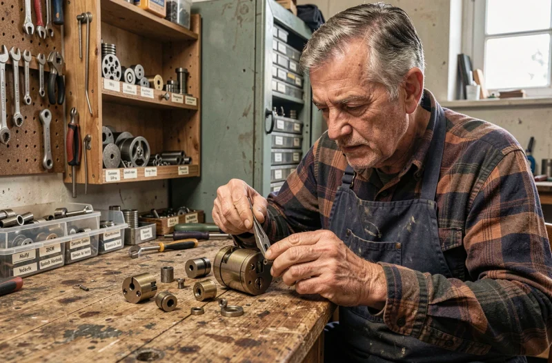 Michel Lamoulen, artisan serrurier indépendant, réassemblant une serrure dans son atelier personnel