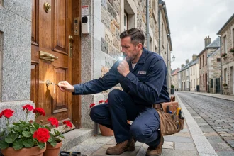 Serrurier professionnel en intervention d'urgence devant une maison bretonne en Ille-et-Vilaine