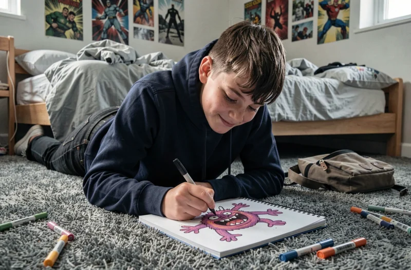 Adolescent allongé sur le sol de sa chambre en train de dessiner un monstre amusant dans un carnet avec des marqueurs colorés