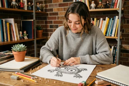 Jeune femme dessinant un monstre facile et rigolo dans un carnet de croquis posé sur un bureau en bois entouré de crayons