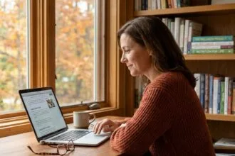 Femme d'une quarantaine d'années lisant des articles de santé sur la vue en automne depuis son bureau à domicile