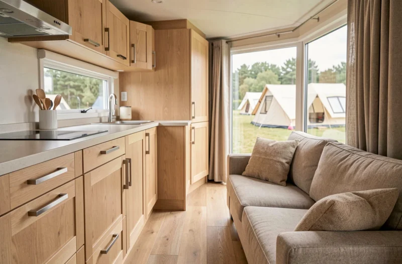 Intérieur design d'un mobil-home haut de gamme de fabrication française avec cuisine équipée et salon lumineux